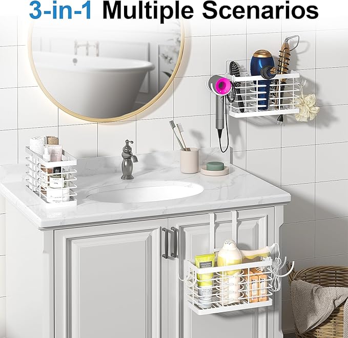 Hair Tool Organizer, 2026 Upgraded 3-in-1 Universal Hair Dryer Holder, White