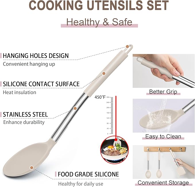 E-far Silicone Cooking Utensils Set, 14-Piece Khaki Kitchen Utensils Set with Holder, Kitchen Tools Spatulas with Stainless Steel Handle for Non-stick Cookware, Heat Resistant & Dishwasher safe