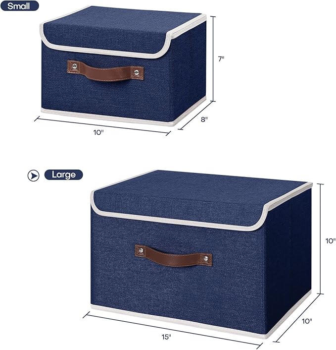 ANMINY Storage Bin with Lid Storage Boxes with PU Leather Handles PP Plastic Board Decorative Foldable Lidded Cotton Linen Fabric Home Cubes Baskets