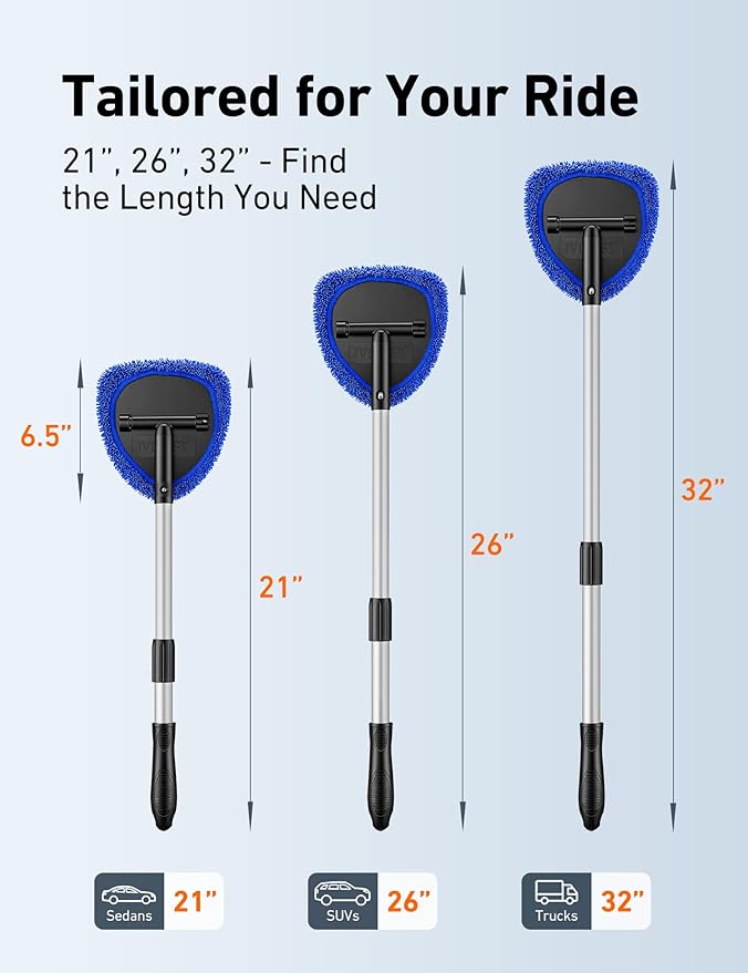 AstroAI 32" Windshield Cleaner Tool, Car Interior Window Detailing Cleaning Kit with Extendable Handle and 4 Easy-to-Install Reusable Microfiber Pads