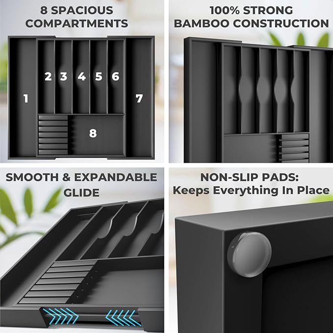 Premium Expandable Kitchen Drawer Organizer - 100% Bamboo Organizer Tray - Great for Silverware, Large Utensils, Flatware, Cutlery - 8 Compartments with Knife Block - Perfectly Fits Your Drawers