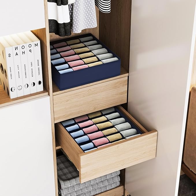 Joyoldelf Drawer Organizer - 2 Pack Underwear Holder, 24 Cells Collapsible Closet Organizer and Storage for Belts, Ties (Navy Blue)