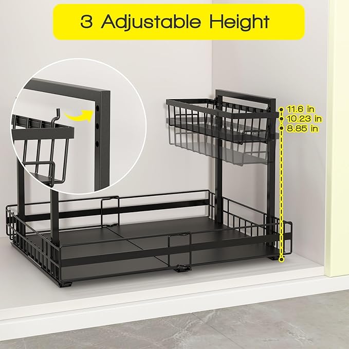 Expandable Under Sink Organizer 2-Tier Black Metal Storage Shelf