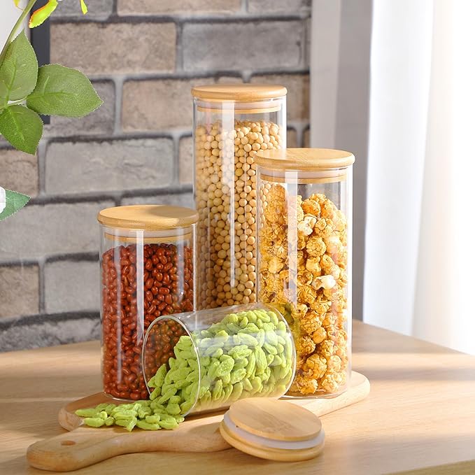 Qinyoung Glass Storage Jars with Wooden Lids, 4 Sizes Food Storage Containers Clear Stackable Canisters Airtight Glass Jars for Candy Cookie (Clear