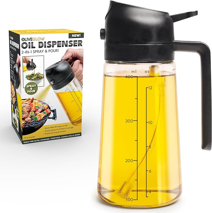 Olive Glow Cooking Oil Dispenser, 400 mL 2-in-1 Spray & Pour Glass Bottle, Leakproof & Refillable for Air Frying, Roasting, Grilling, Fine Mist for Salads, Works with All Types of Cooking Oils