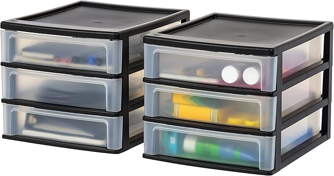USA Plastic Stacking Desk Top 3-Drawer Storage Organizer, 2-Pack, Black