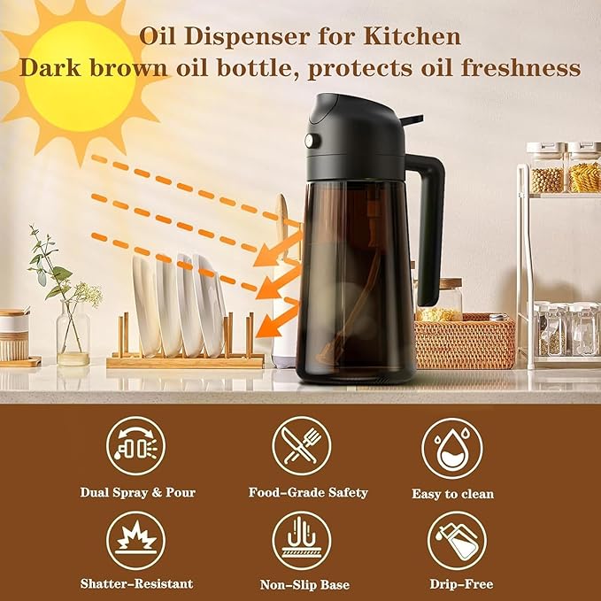 OURCABECUE Kitchen Upgraded Made Oil Sprayer for Cooking, Dark Brown 2 in 1 Spray and Pour Mist Olive Oil Dispenser 16oz 470ml Glass Oil Spray Bottle, Air Fryer (White + Black)