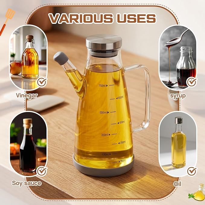 Zhehao 2 Pcs Glass Oil Bottle 25oz/750ml Cooking Oil Dispenser with Stainless Steel lid Drip Free Spout Non Slip Bottom for Kitchen Cooking Barbecue Party