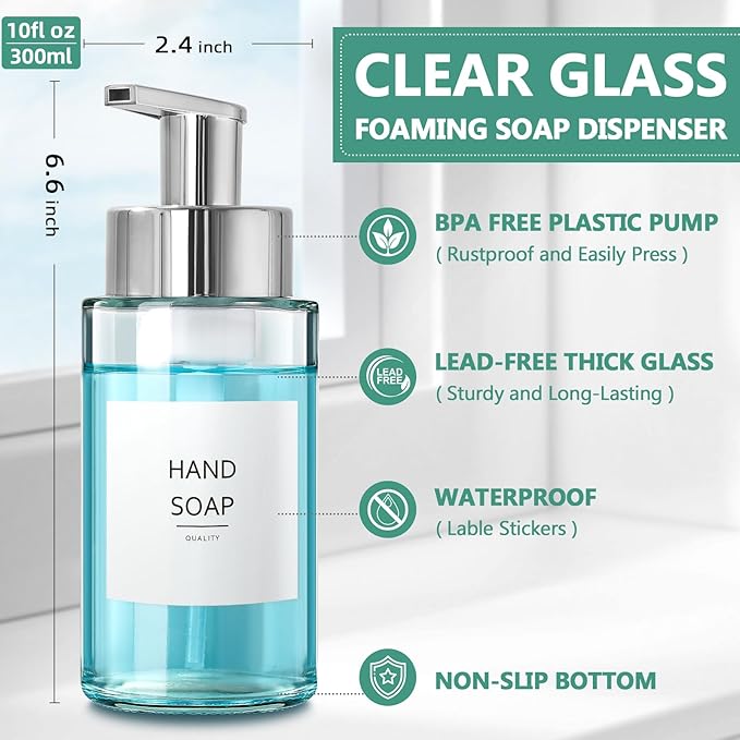RYTOXILO Glass Soap Dispenser, 10 oz/300ml Foaming Soap Dispenser, 4 Pack Foaming Hand Dispenser for Bathroom & Kitchen, Clear Refillable Foam Soap Bottle with Silver Pump