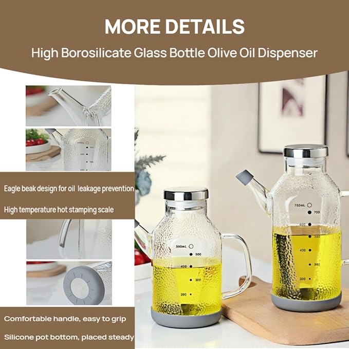 High Borosilicate Glass Oil Bottle-Olive Oil Dispenser for Kitchen-Soy Sauce and Vinegar Dispenser Bottle- Cooking Container Cruet-Oil Dispensing Bottles(Raindrops, Large/750ml)