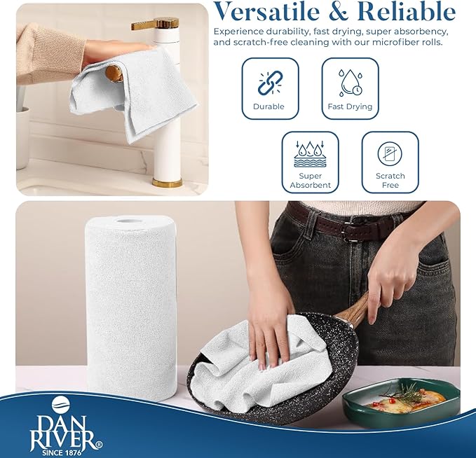 Dan River Tear Away Microfiber Cleaning Towel Roll - 30 Pack, 12x12 Inch Reusable Cloths for Dust, Kitchen, Bathroom, Cars - Scratch-Free, Lint-Free Cleaning Supplies (White)