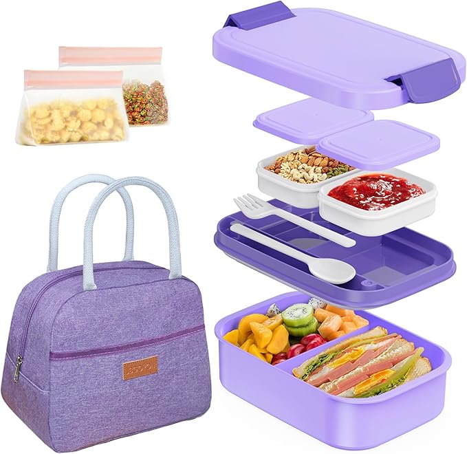 JBGOYON Bento Box and Lunch Bag Set, Leak-Proof Lunch Box for Adults and Kids with Built-in Utensils, Insulated for Work School Travel, Microwave & Dishwasher Safe, All-in-One (Purple)