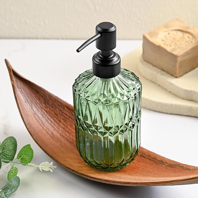 Green Glass Soap Dispenser with Black Rust Proof Pump Refillable for Kitchen Dish Soap Bathroom Hand Soap Lotion and Body Wash