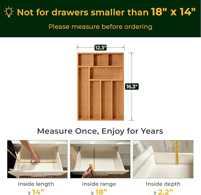 Carbonized Bamboo Kitchen Drawer Organizer, 8 Slots Silverware Organizer