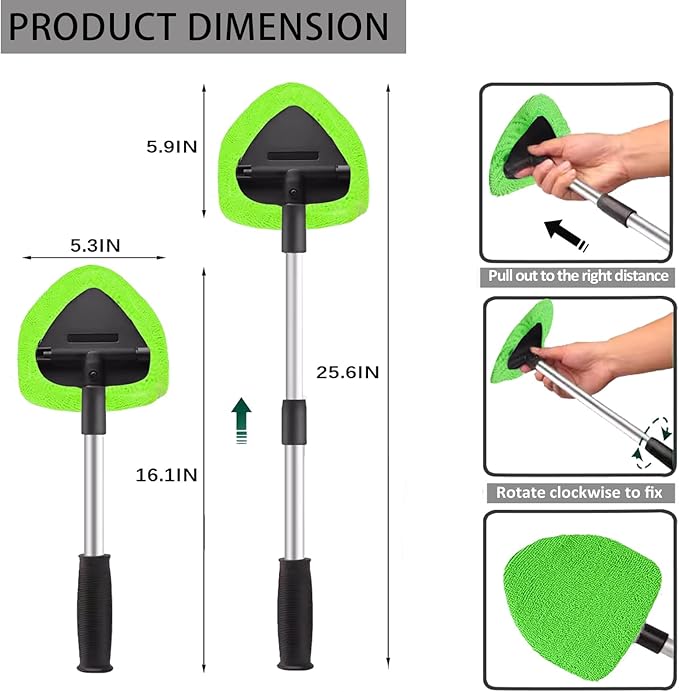 Car Windshield Cleaning Tools, Expandable Car Window Cleaner kit with 4 Reusable Microfiber Pads, Bottles, Windshield Cleaning Wand Tool