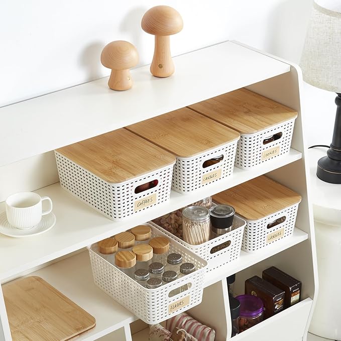 Bagnizer Small Plastic Storage Bins with Bamboo Lids 5.2qt Stackable Box Basket Pantry Decorative Containers Cute with Labels for Organizing Desktop