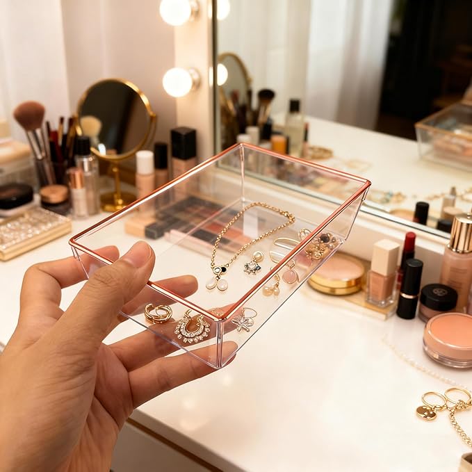 12 Pack Large Size Clear Stackable Drawer Organizer Trays, Rose Gold Rim Makeup Drawer Storage Tray Divider, Desk Storage for Makeup, Jewelry