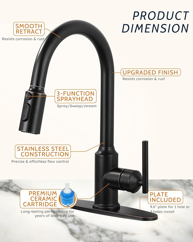 WOWOW Kitchen Faucets with Pull Down Sprayer, Oiled Rubbed Bronze Kitchen Faucet with Sprayer, 304 Stainless Steel High Arc Single Handle Pull Down Kitchen Faucet for Kitchen Sink Faucet