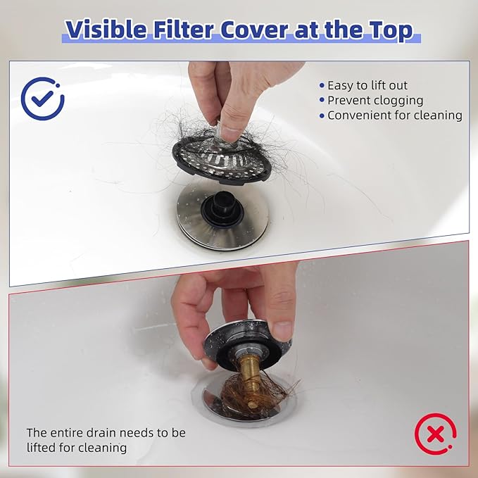 Metal 2 Pack Bathtub Drain Stopper with Top Hair Catcher, 3 in 1 Pop-up Bathtub Strainer