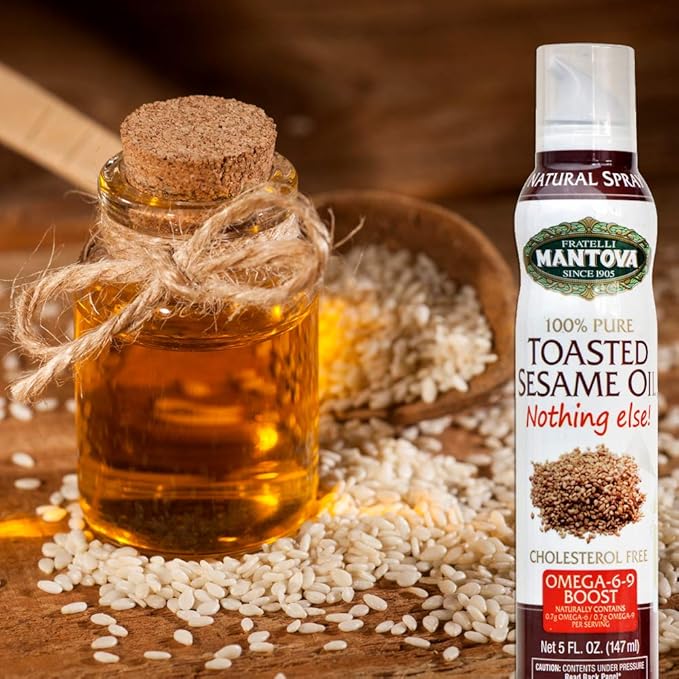 Mantova Toasted Sesame Oil, 100% Pure Cooking Spray with Omegas, perfect for grilling, baking, or seasoning for cooking, our oil dispenser bottle lets you spray, drip, or stream with no waste, 5 oz