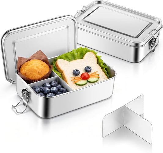 TeamFar 2 Pack Stainless Steel Bento Box, 81oz Metal Lunch Box with 3 Compartments for Adults/Kids, Lunch Food Containers for School/Work/Meal Prep, Leak-Proof & Dishwasher Safe, 2400ML