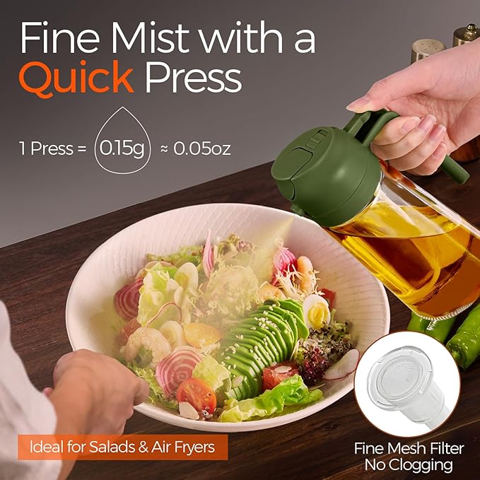 YARRAMATE 2Pcs 16oz/470ml Glass Olive Oil Sprayer for Cooking with Stickers, 2 in 1 Oil Dispenser for Kitchen Gadgets