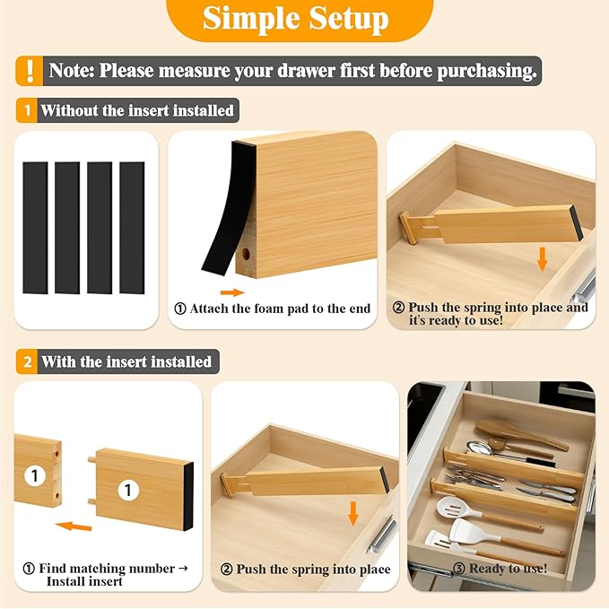 Bamboo Drawer Dividers, 12-21" Adjustable Drawer Organizers for Clothes, 8-Pack