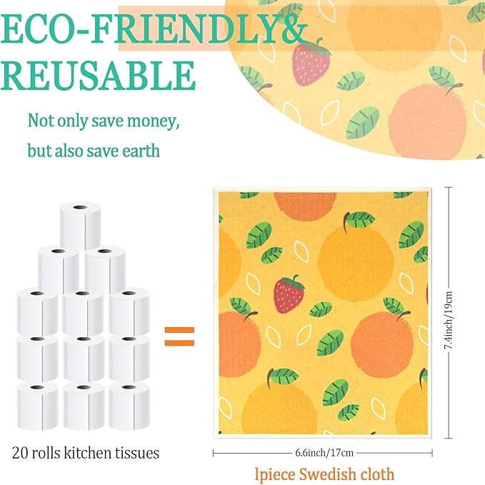 6 - Pack Swedish Kitchen Dish Cloths - Reusable Paper Towels for Counters & Dishes - Eco Friendly Cellulose Sponge Cloth (Fruits)