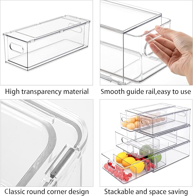 MineSign 4 pack Stackable Fridge Drawers Pull-Out Bins Divided Produce Saver Containers for Refrigerator Storage Organizers for Veggie Fruit Berry Pantry Cabinet Makeup Clothes