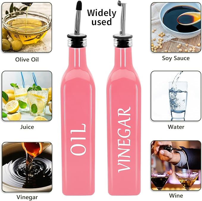 Olive Oil Dispenser Bottle,2 Pcs 17oz 500ml Glass O il and Vinegar Dispenser Set with 2 Stainless Steel Pourers, 8 Labels,Funnel Vinegar Bottles for Kitchen (Pink)