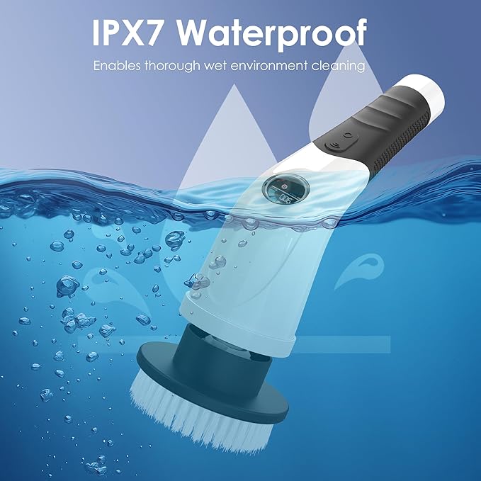 Cordless Electric Spin Scrubber, IPX7 Waterproof Rechargeable Power Cleaning Brush with 4000mAh Battery, 210min Runtime, 7 Brush Heads, 3 Adjustable Speeds, for Shower, Tub, Tile, Kitchen, Floor