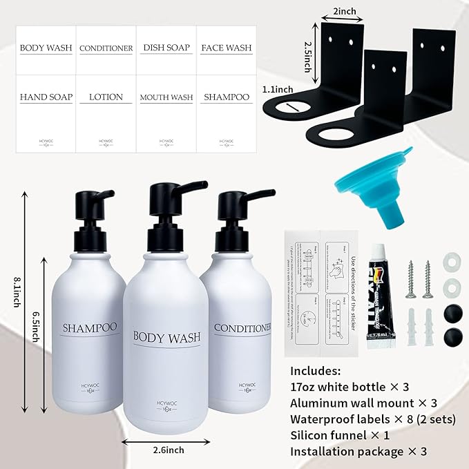 Shampoo Dispenser for Shower Wall, Shampoo and Conditioner Dispenser with 16 Waterproof Labels, No Drill Shower Soap Dispenser Bathroom, Shower Soap Dispenser Wall Mounted,17oz, 3 Pack, Black White