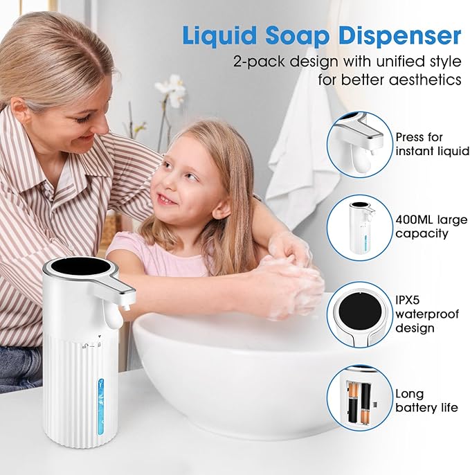 White Ribbed Liquid Soap Dispenser 2-Pack, 13.5 oz - Waterproof Wall-Mounted Hand Soap Dispenser for Bathroom & Kitchen Sink, Suitable for Commercial Use