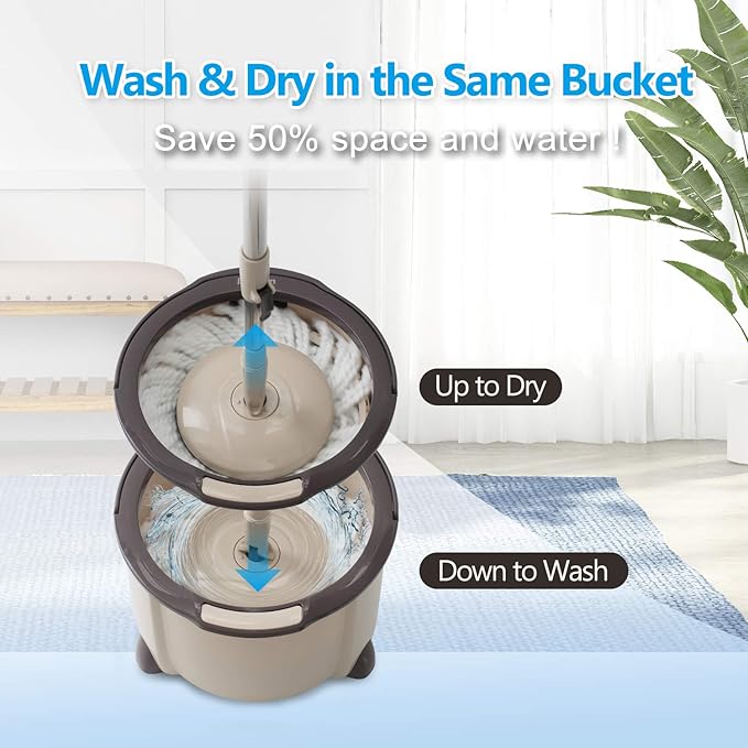 Eyliden Spin Mop and Bucket Set, 2 Microfiber Mop Heads, Adjustable Stainless Steel Handle, Self-Cleaning Mop Bucket System for Hardwood, Tile, Vinyl Floors, Brown