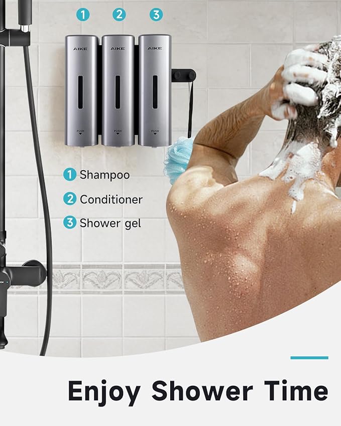AIKE 3 Chambers Shower Shampoo and Conditioner Dispenser 3 x 11.8 fl.oz. for Bathroom(Silver)