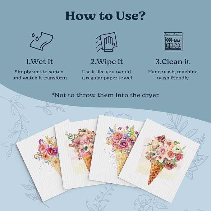 Swedish Dishcloths for Kitchen, Summer Ice Cream Floral Kitchen Dish Towels for Washing Dishes, 4 Pack Reusable Paper Towels, Ice Cream Decor, Sponge Cloths for Home Cleaning Cooking Baking