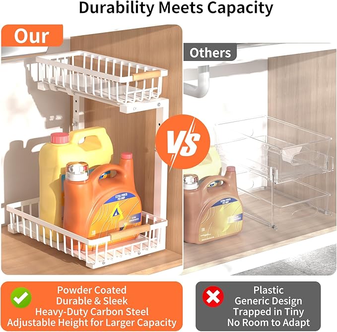 Under Sink Organizer, Under Sink Organizers and Storage, 2-Tier Pull Out Under Cabinet Organizer Storage Shelf, Metal Frame, Height Adjustable Rack for Bathroom Kitchen Pantry