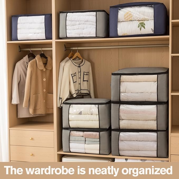 Large Storage Bags,Clothes Storage Bins Foldable Closet Organizers Storage Containers with Durable Handles Thick Fabric for Blanket Comforter Clothing Bedding (grey, 60L (3Pick)