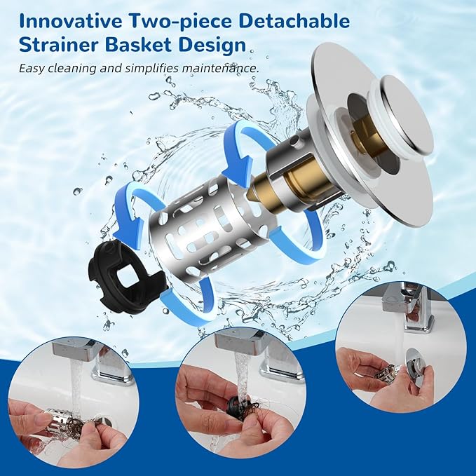 Hibbent 4 Pack Upgraded 3 in 1 Bathroom Sink Drain Strainer, Universal Pop Up Stopper with Removable Stainless Steel Filter Basket Hair Catcher