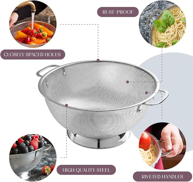 Bellemain Colander for Kitchen – 5 Qt Stainless Steel Strainer with Handle - 18/8 Pasta Strainer Bowl for Pasta, Spaghetti, Vegetables, Fruit