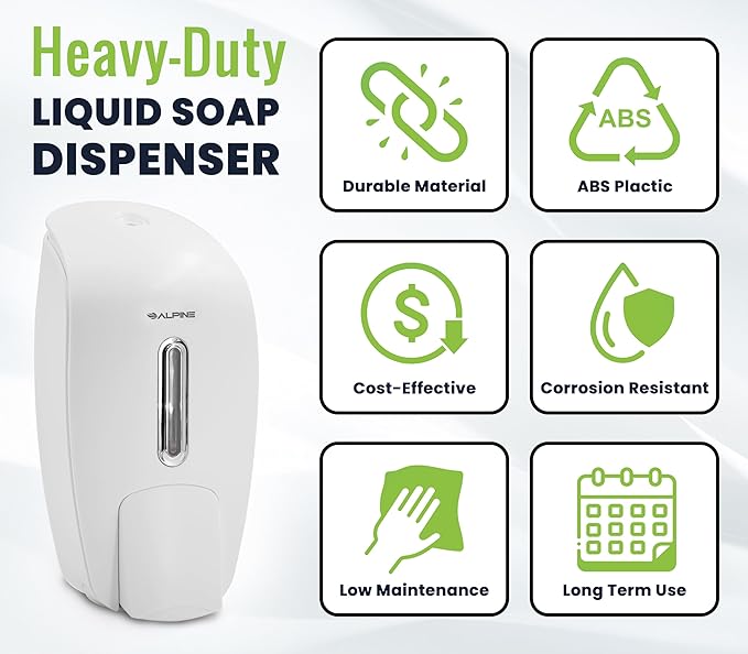 Alpine Manual Soap Dispenser Wall Mount - Commercial Soap Dispenser Wall Mounted for Liquid Soap & Hand Sanitizer in Bathroom, Kitchen, Refillable Large 800 ml Capacity (White)