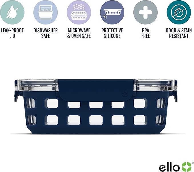 Ello Duraglass 3.4 Cup Meal Prep Sets 6Pc, 3 Pack Set- Glass Food Storage Container with Silicone Sleeve and Airtight BPA-Free Plastic Lids