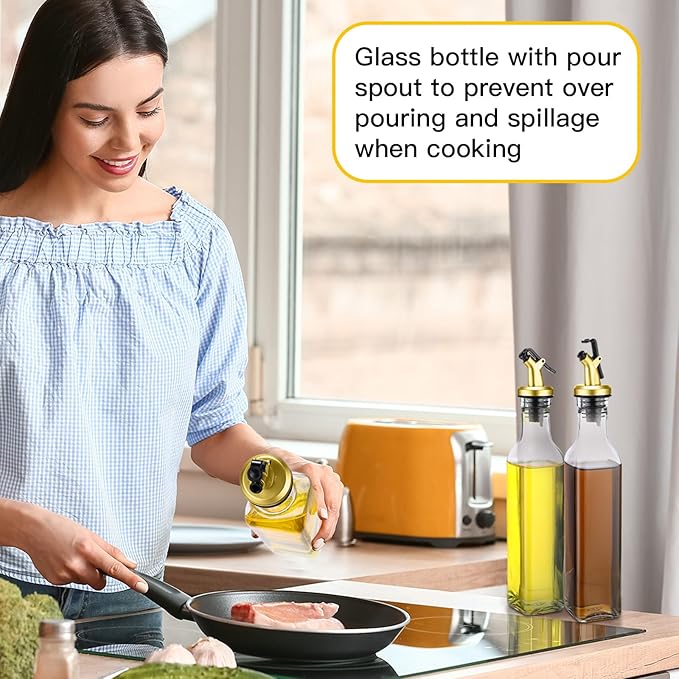 Hushee 12 Pcs Clear Glass Olive Oil Dispenser Bottles Sets Include 8oz Glass Bottle with Spout Oil Vinegar Cruet Container for Kitchen Stainless Steel Funnel Black Labels with White Pen(Gold)