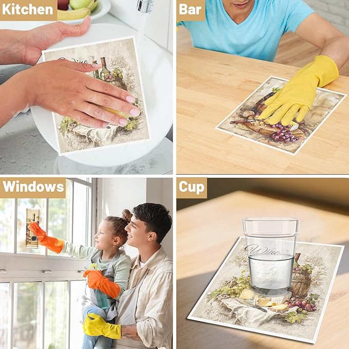 Swedish Dishcloths for Kitchen, 6PCS Wine Swedish Dish Cloths Gift Set, Vintage Reusable Washable Absorbent Dish Towel for Home Cleaning(7.8 X 7 Inches)