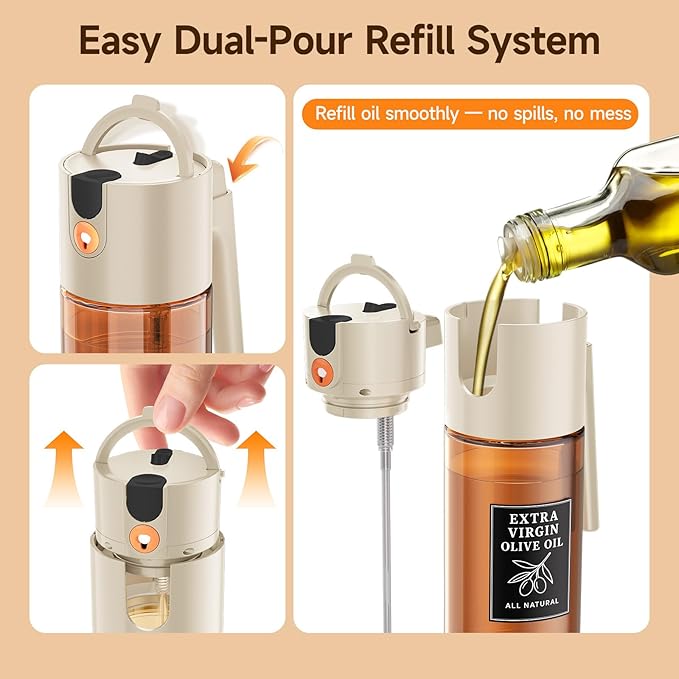 500ml Beige Glass Oil Sprayer, Fine Mist Spray Bottle for Baking, Salad, Air Fryer, Light Cooking, Refillable 2-in-1 Oil Dispenser