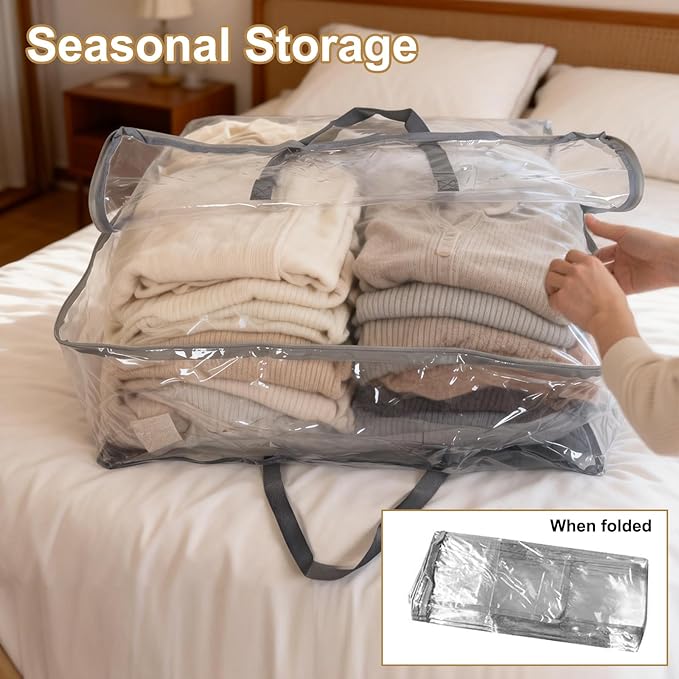 Clear Clothes Storage Bags, 96L Plastic Blanket Comforter Storage Bag, 4 Pack Vinyl Moving Bags,Closet Organizers and Containers for Bedding,Duvet,Toys,Seasonal Clothing,24” Christmas Wreaths,Grey