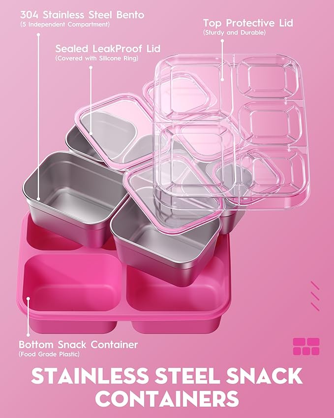 BiuLeon Snackle Box Containers, Stainless Steel 5 Compartments Divided Serving Tray with Lid