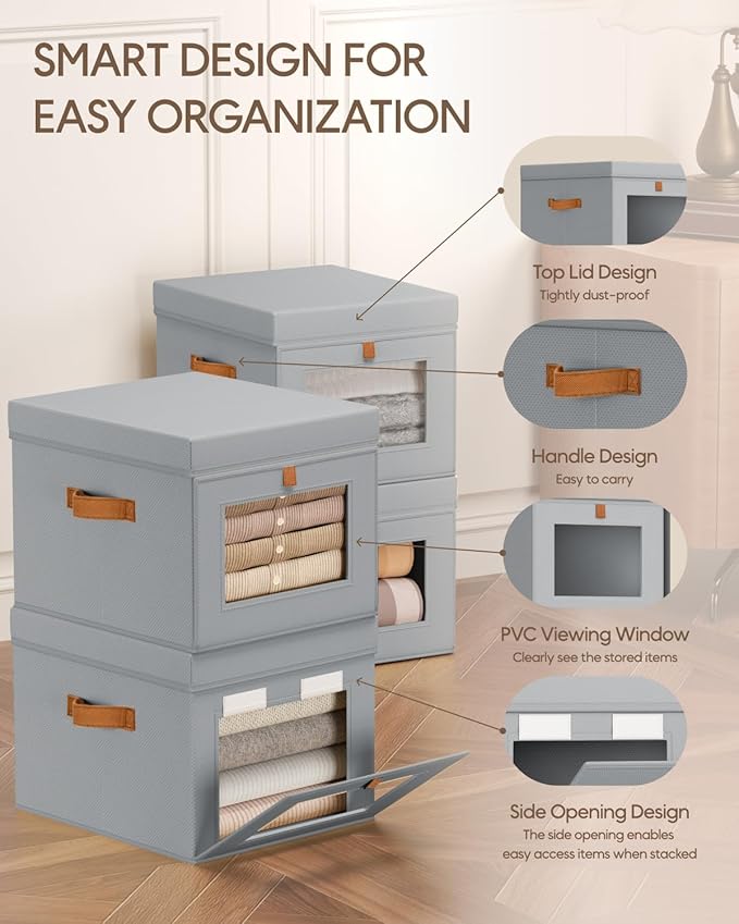 Homsorout Storage Bins with Lid – Closet Organizer with Side Opening and Clear Window, Foldable Stackable Fabric Basket for Clothes, Home, Office - 13.77" x 11.8" x 9.8", 5 Pack, Grey