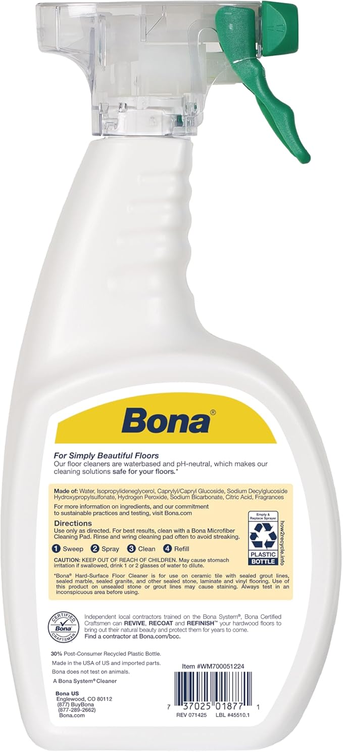 Bona Multi-Surface Floor Cleaner Spray - 32 fl oz - Lemon Mint Scent - Refillable - Residue-Free Floor Cleaning Solution for Stone, Tile, Laminate, and Vinyl Floors