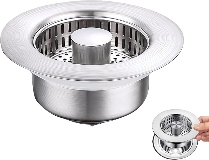 3-in-1 Kitchen Sink Drain Strainer Stopper, Pop Up Kitchen Sink Stopper, Stainless Steel Universal Kitchen Drain Strainer with Food Catcher Basket